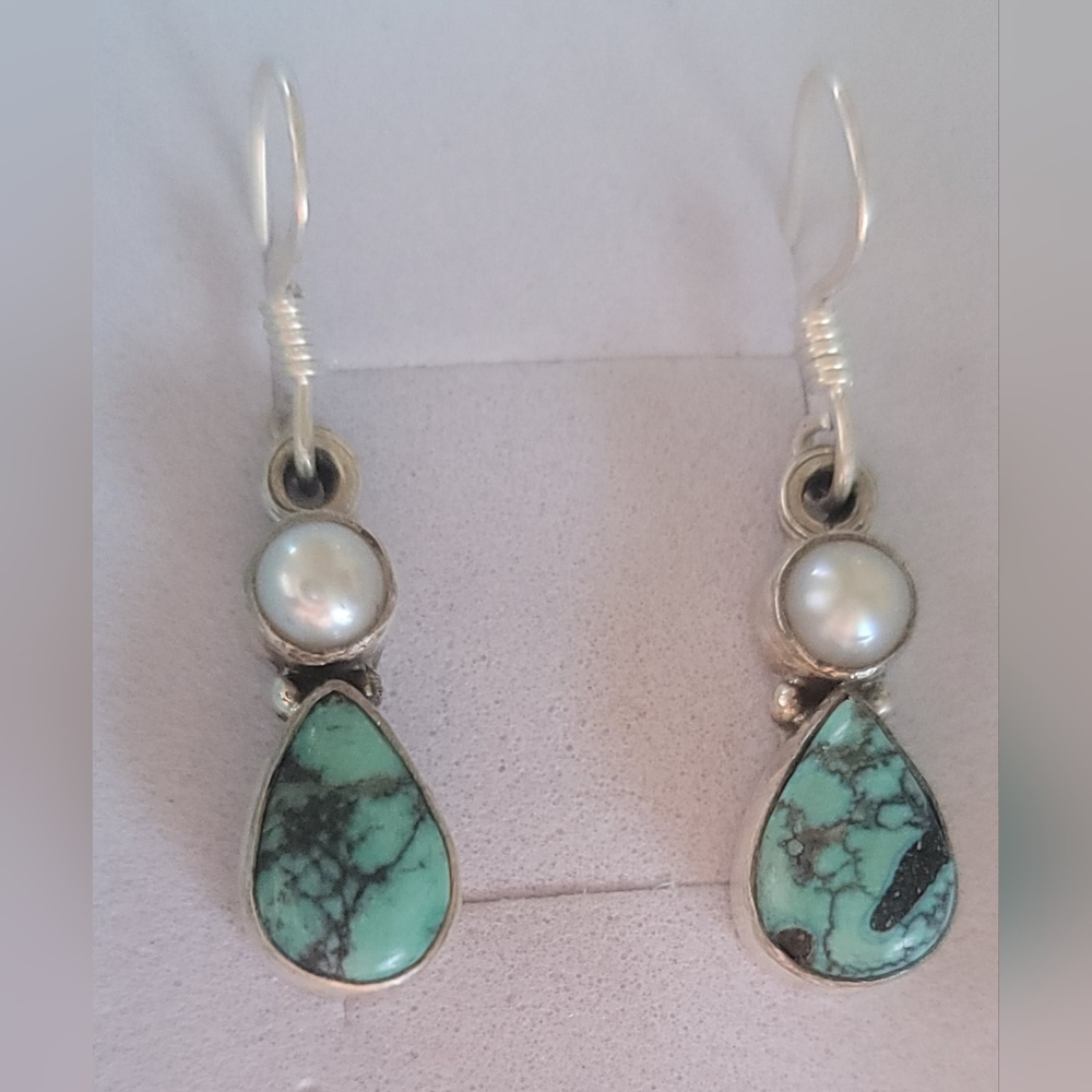 .925 Real Turquoise and Pearl Hook Dangle Earrings - Picture 2 of 3